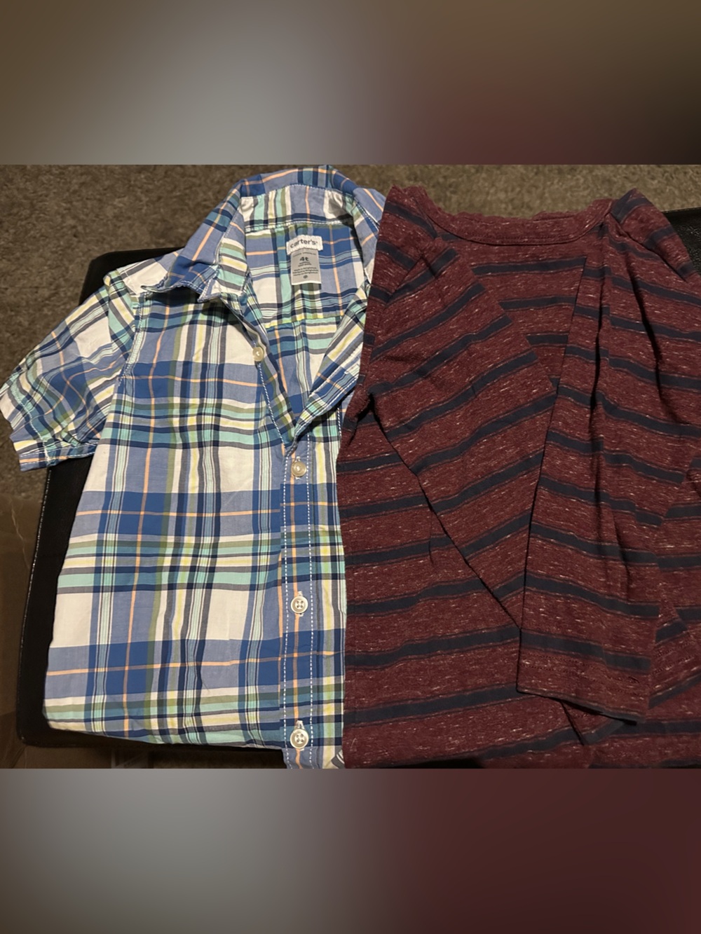 Blue & White Plaid Button-Up Shirt with Burgundy Navy Striped Tee (2) size 4